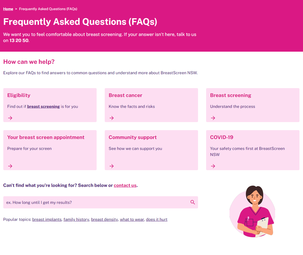 Screenshot of BreastScreen NSW FAQ landing page
